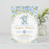 Blue Boho Floral Elephant Invite Boy Baby shower Kaart (Staand voorkant)