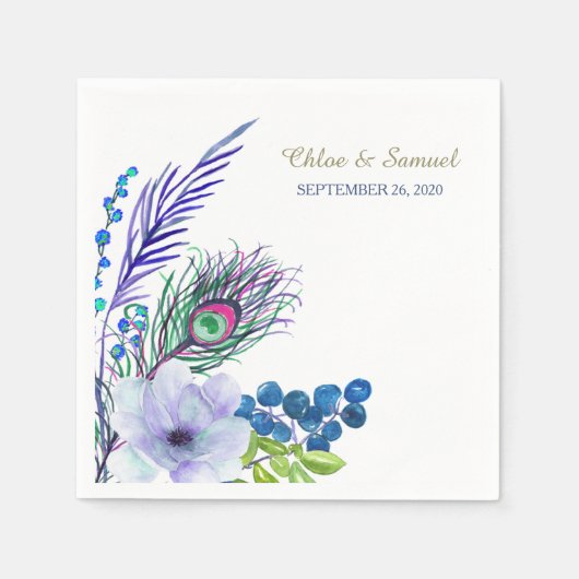 Blue Boho Floral Feather Wedding Servet (Voorkant)