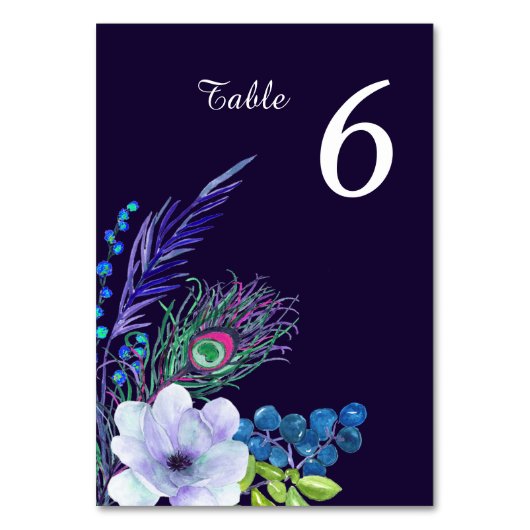 Blue Boho Floral Feather Wedding Table Kaart (Voorkant)