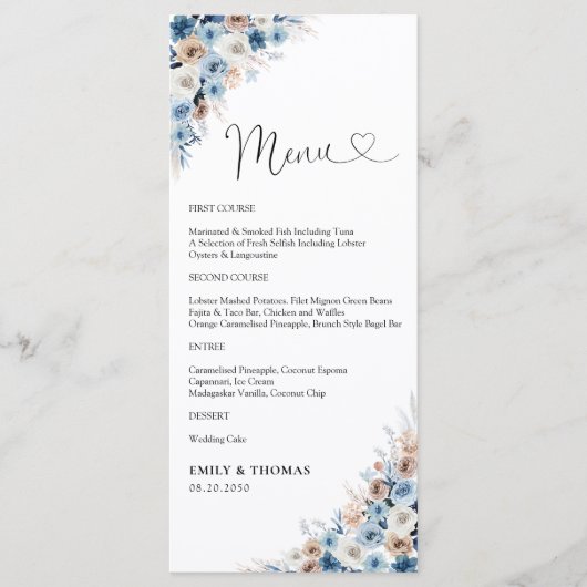 Blue Boho Floral Mariage Cérémonie Menu (Devant)