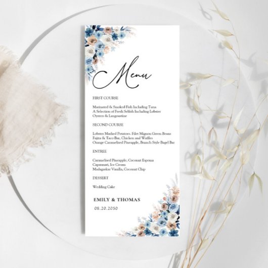 Blue Boho Floral Mariage Cérémonie Menu