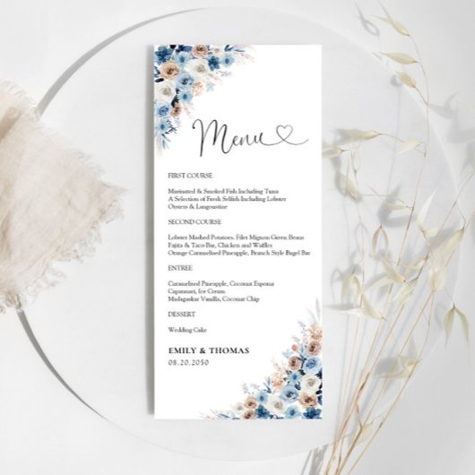 Blue Boho Floral Mariage Cérémonie Menu