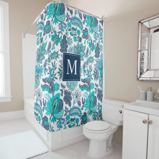 Blue Boho Floral Monogram Douchegordijn (In situ)
