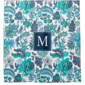 Blue Boho  Floral Monogram Douchegordijn (Voorkant)