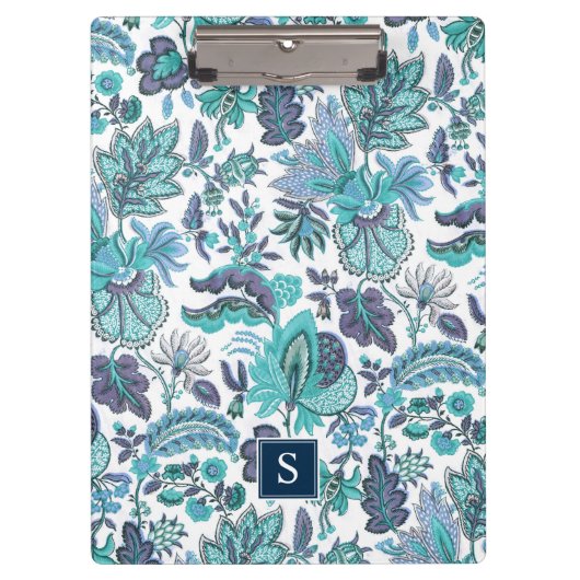 Blue Boho Floral Monogram Klembord (Voorkant)