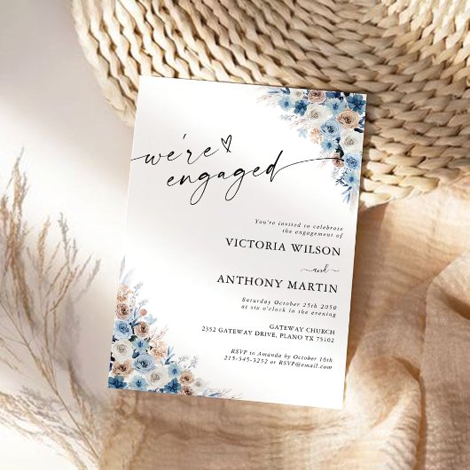 Blue Boho Floral Nous sommes engagés Invitation