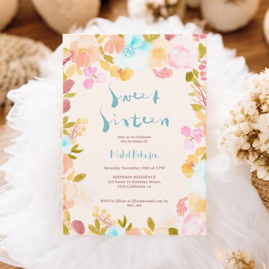 blue boho floral waterverf script Sweet 16 Kaart