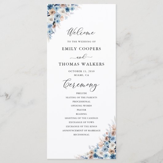 Blue Boho Floral Wedding Programme (Devant)