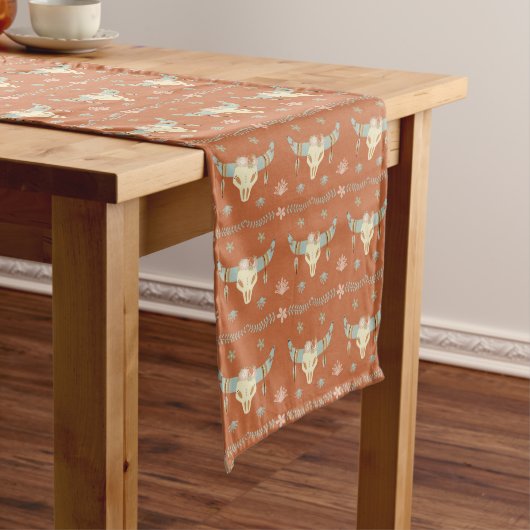 Blue Boho Koe Skull Pattern op Brown Medium Tafelloper (Voorbeeld)