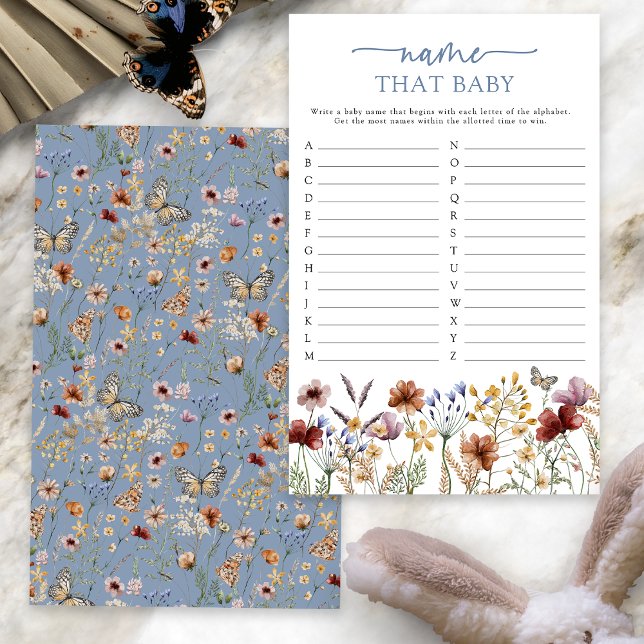 Blue Boho noemt het spel Baby (Dusty Blue Boho Floral Name That Baby Game Card with Butterfly by Painted Paperie
)