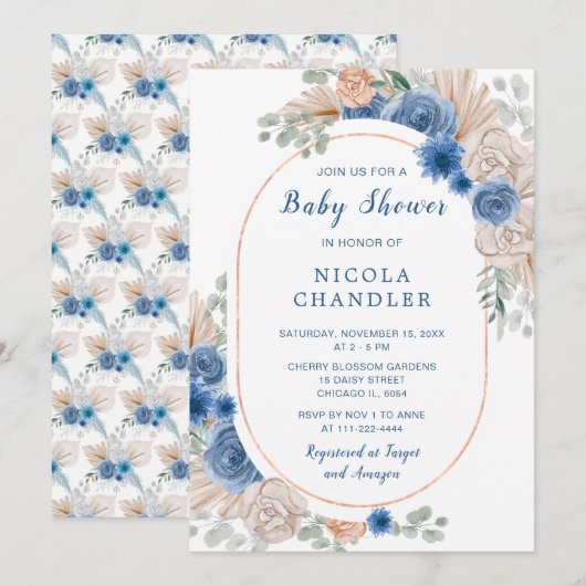 Blue Boho Pampas Grass Baby shower Kaart (Voorkant / Achterkant)