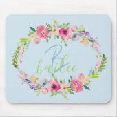 Blue Boho Pastel Floral Name Script Monogram Muismat (Voorkant)