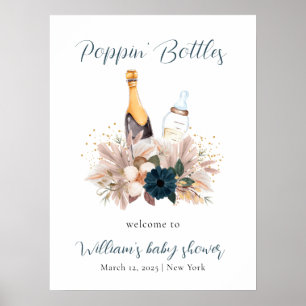 Blue Boho Poppin Champagne Baby shower Welkom Poster