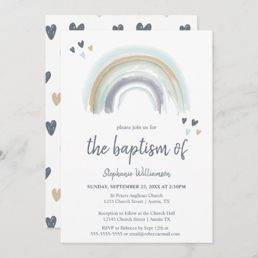 Blue Boho Rainbow Baptism Invitation Kaart (Voorkant / Achterkant)