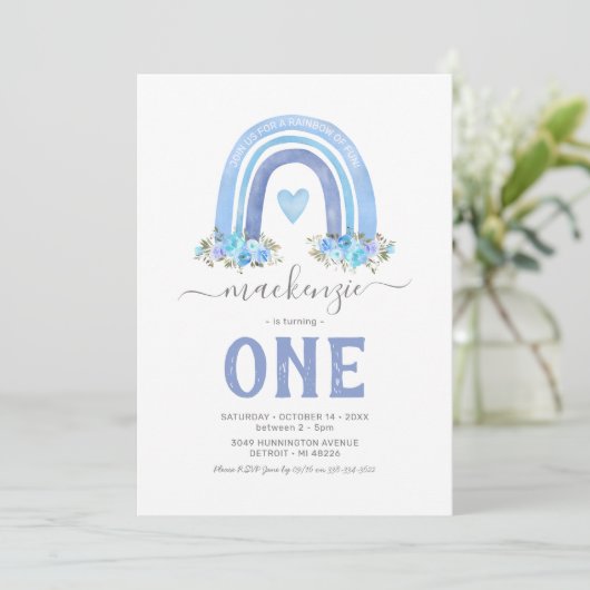 Blue Boho Rainbow Boy Invitation d'anniversaire (Debout devant)