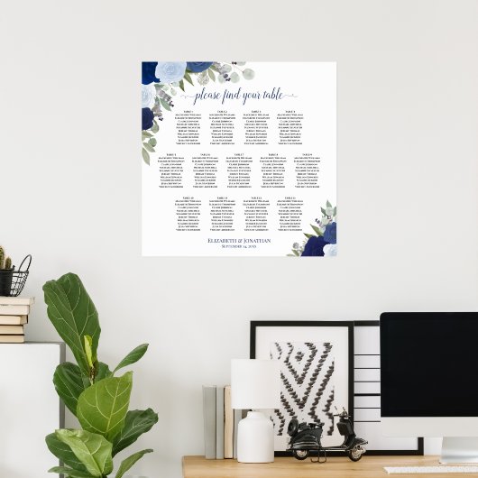 Blue Boho Rozen 13 Table Wedding Seating Chart Poster (Thuiskantoor)