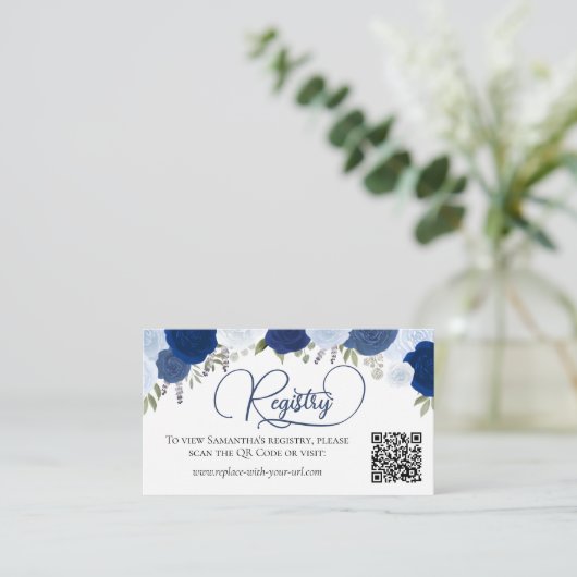 Blue Boho Rozen Vrijgezellenfeest Registry QR-code Informatiekaartje (Staand voorkant)