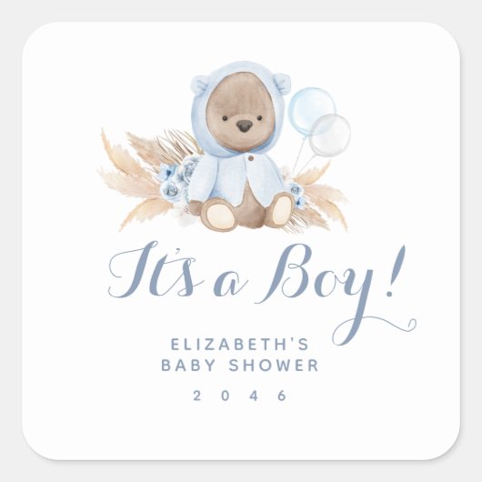 Blue Boho Teddy Bear Boy Baby shower Vierkante Sticker (Voorkant)