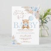 Blue Boho Teddy Bear Pampas Grass Boy Baby shower Kaart (Staand voorkant)