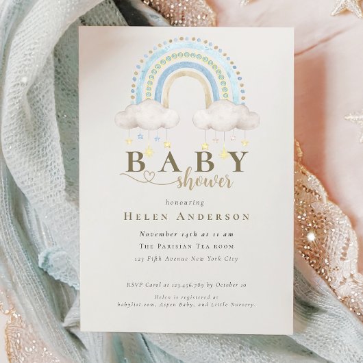 Blue Boho Waterverf Rainbow Boy Baby shower Uitnod Kaart