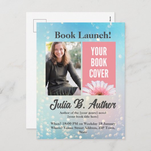 Blue Bokeh Auteur Boek Lancering Uitnodiging (Voorkant / Achterkant)