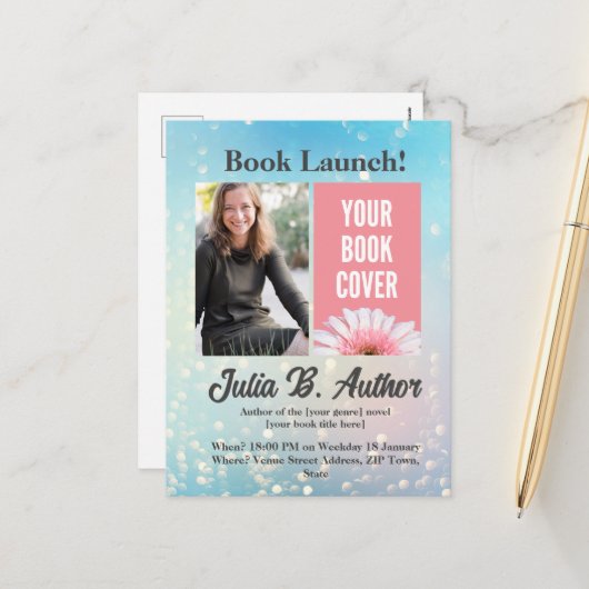 Blue Bokeh Auteur Livre Lancement Invitation (Devant/Arrière en situation)