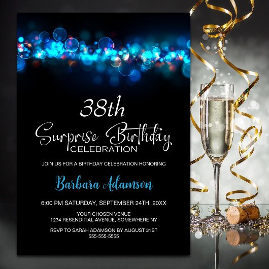 Blue Bokeh Black Surprise Any Age Birthday Party Kaart