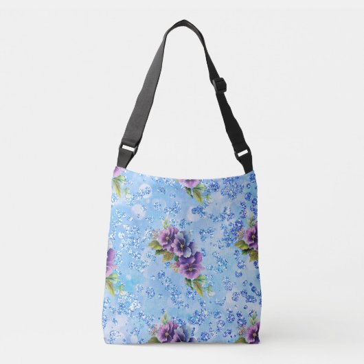 Blue Bokeh Bling Paars & Blue Flowers Crossbody Tas (Voorkant)