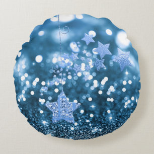 Blue Bokeh Faux Glitter & Stars Rond Kussen