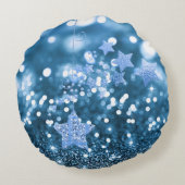 Blue Bokeh Faux Glitter & Stars Rond Kussen (Achterkant)