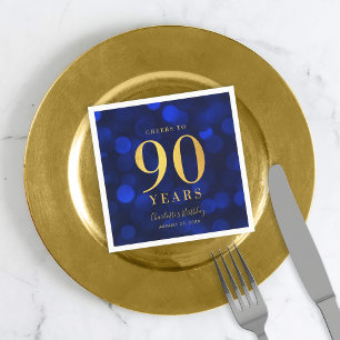 Blue Bokeh Faux Gold Proost op 90 Jaar Verjaardag Servet
