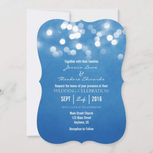 Blue Bokeh Glitter Lights Wedding Uitnodiging (Voorkant)