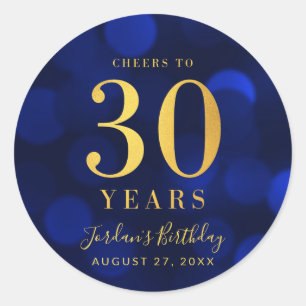 Blue Bokeh Gold Cheers tot 30 jaar verjaardag Ronde Sticker