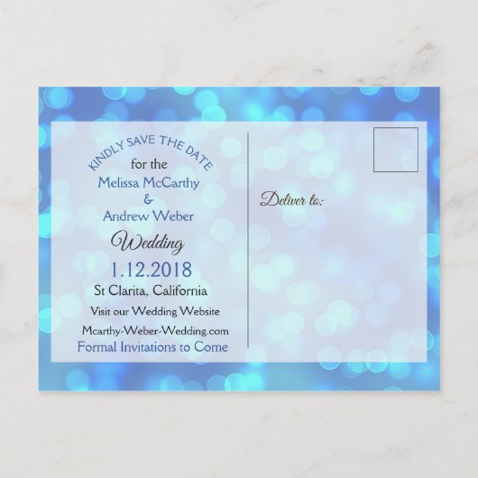 Blue Bokeh Save the Date Briefkaart (Achterkant)