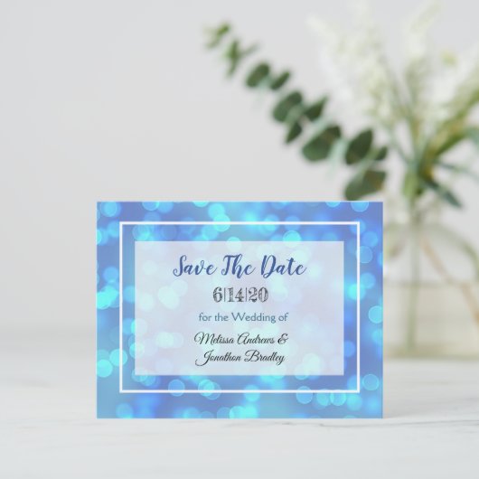 Blue Bokeh Save the Date Briefkaart (Staand voorkant)