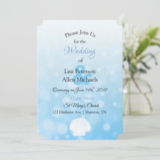 Blue Bokeh Seashell Faire-part de mariage (Debout devant)