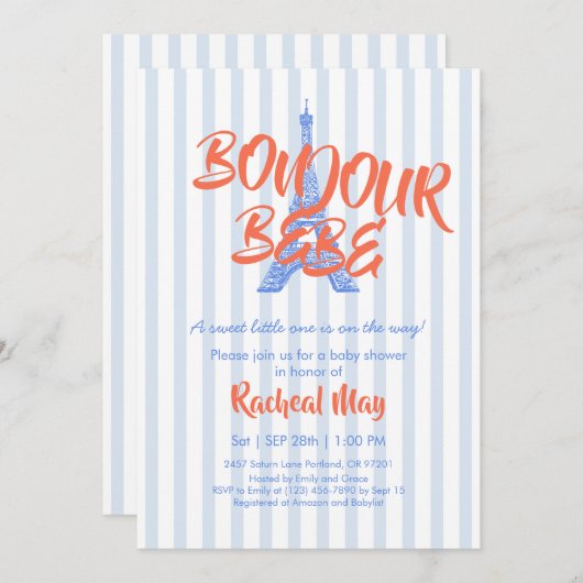 Blue Bonjour Bébé Baby shower Invitation (Devant / Derrière)