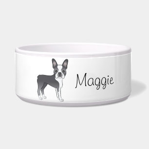 Blue Boston Terrier Cute Cartoon Dog met naam Voerbakje