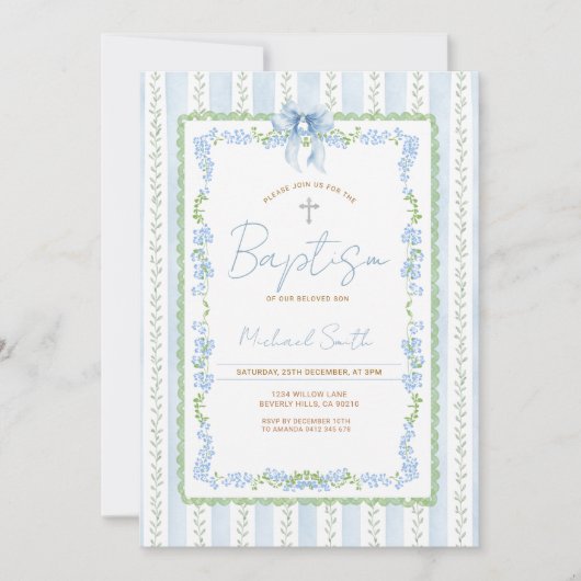 Blue Botanical Baptism Invitation Boy Christening (Devant)