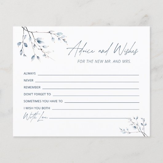 Blue Botanical Bridal Shower Advice and Wishes (Voorkant)