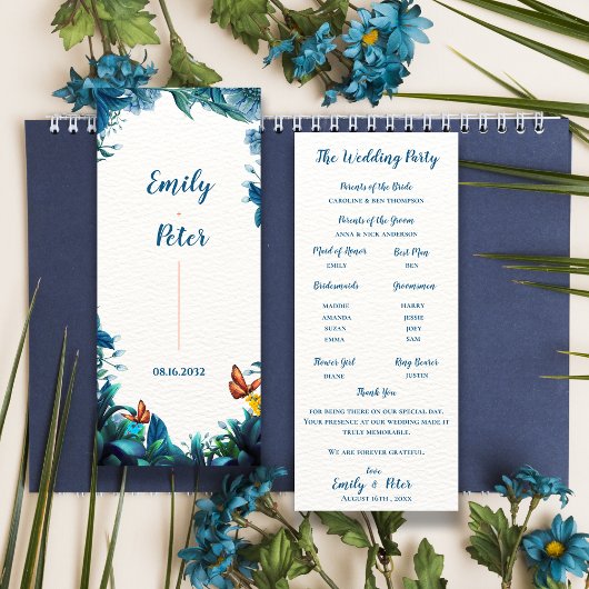Blue Botanical Butterfly Wedding Program Card Kaart