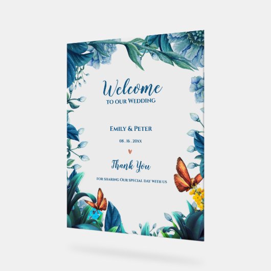 Blue Botanical Butterfly Welcome To Our Wedding Acryl Bord (Hoek)