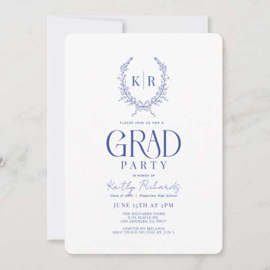 Blue Botanical Crest Monogram Afstuderen Kaart (Voorkant)