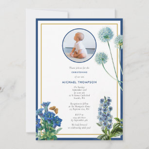 Blue Botanical Gold Baptism Christening Boy Foto Kaart