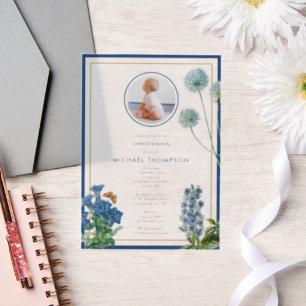 Blue Botanical Gold Baptism Christening Boy Foto Vellum Uitnodigingen