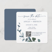 Blue Botanical Leaf Save the Date w/QR Code+Image Kaart (Voorkant / Achterkant)