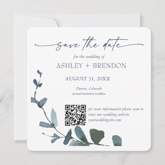 Blue Botanical Leaf Save the Date w/QR Code+Image Kaart (Voorkant)
