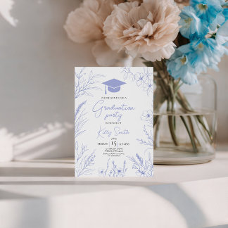 Blue Botanical Sketch Graduation Invite Kaart