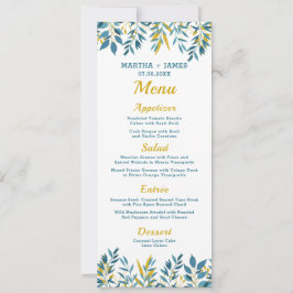 Blue Botanical Wedding Dinner Menu Kaart