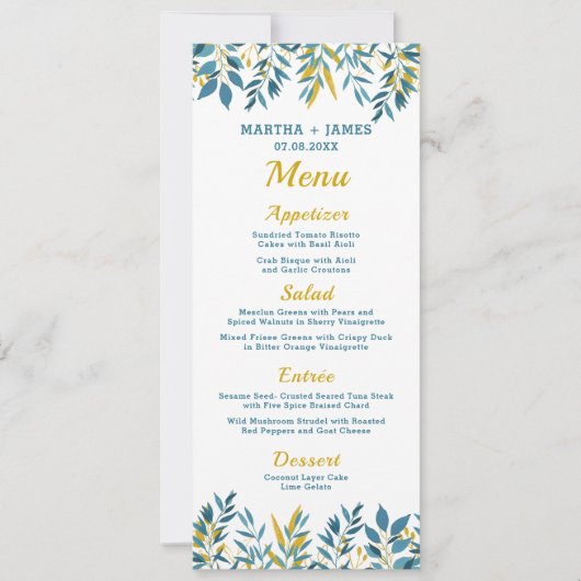 Blue Botanical Wedding Dinner Menu Kaart (Voorkant)